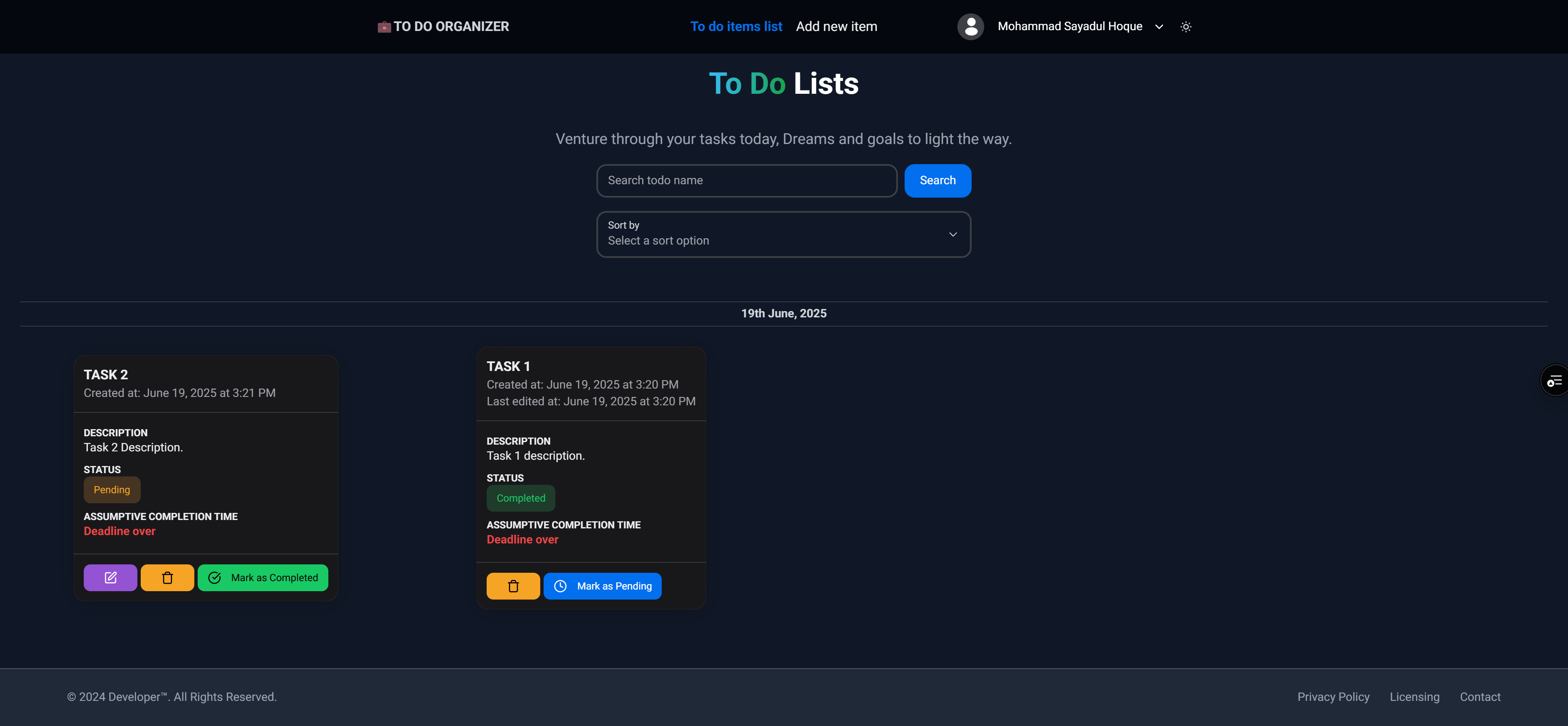 To-Do Organizer Website screenshot