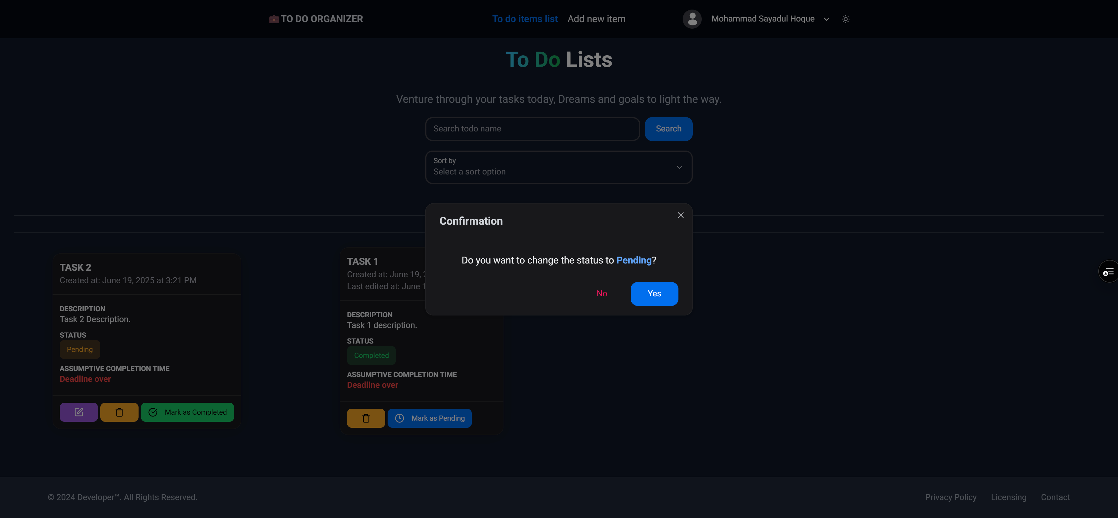 To-Do Organizer Website screenshot