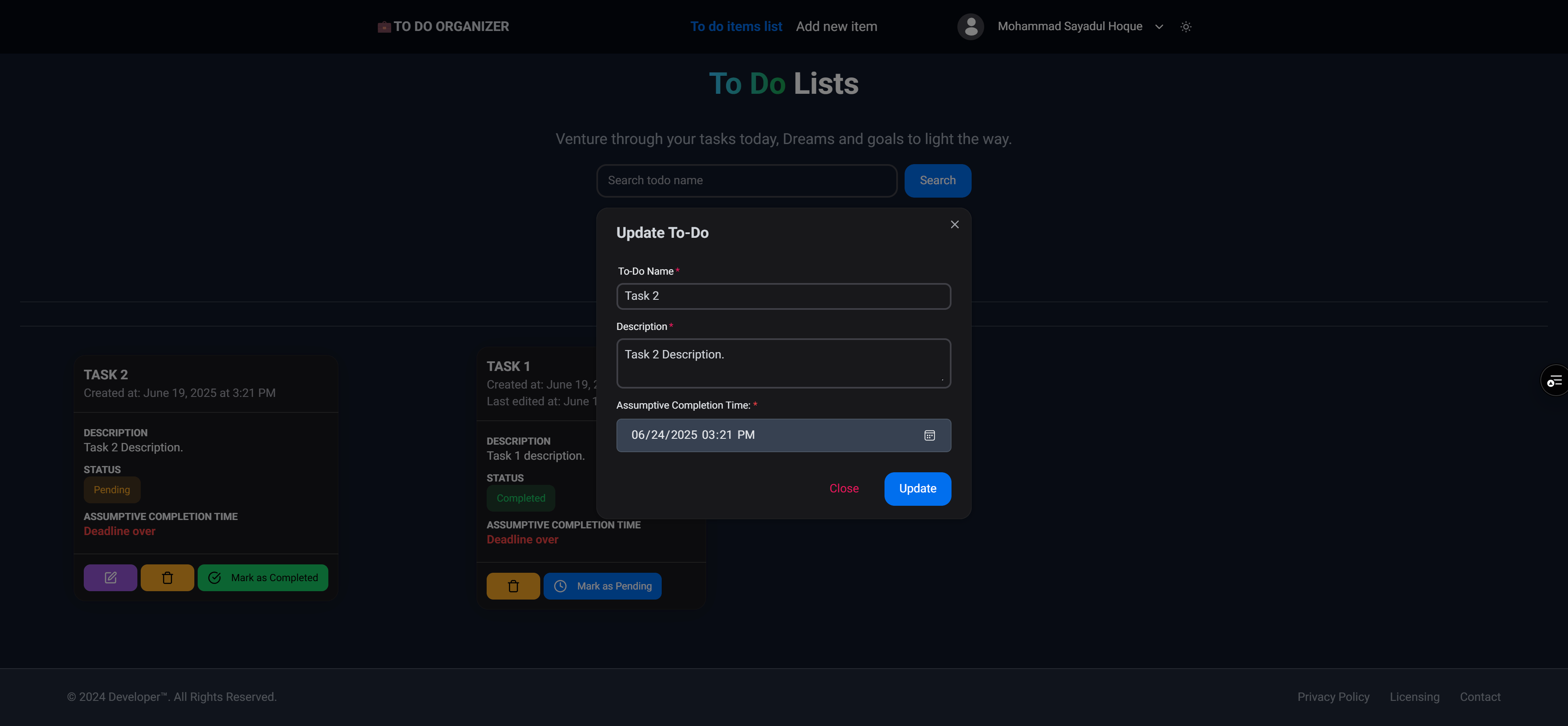 To-Do Organizer Website screenshot