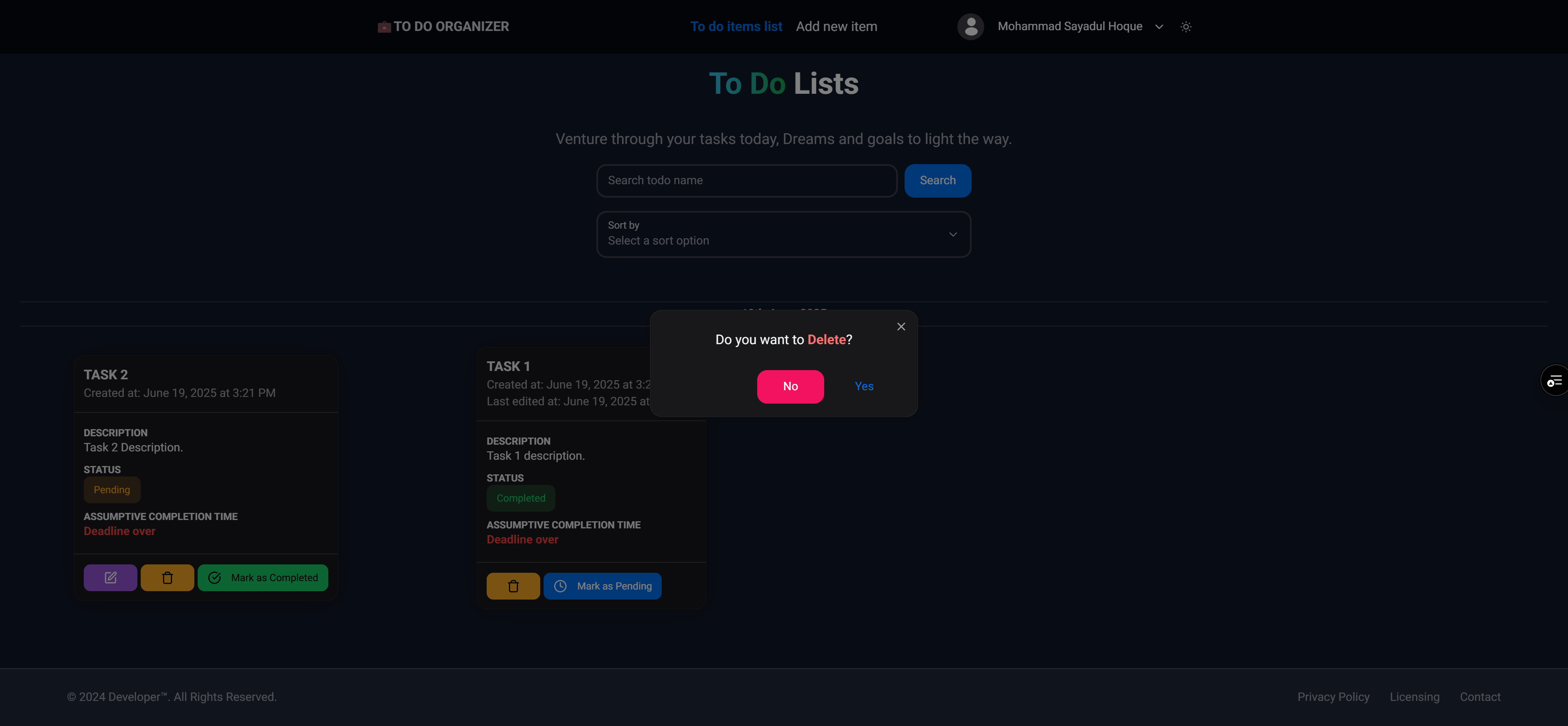 To-Do Organizer Website screenshot